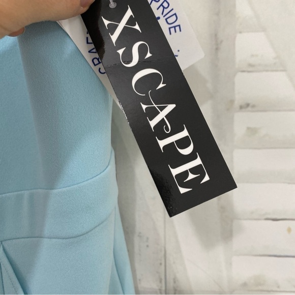 Xscape Size 14W Plus Aqua Blue Ruffled Midi Sleeveless Sheath Dress V Neck NWT - Picture 11 of 13